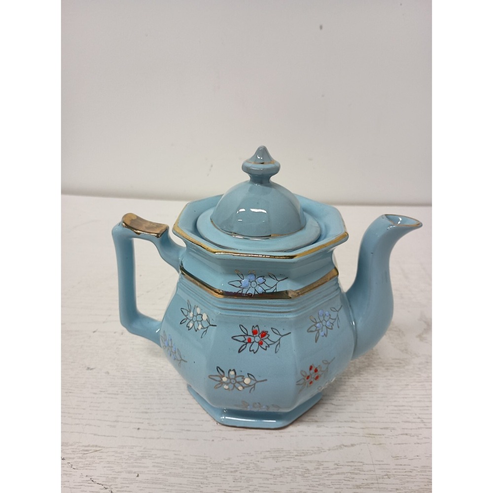 Antique Edwardian Age Price Brothers Redware Teapot Light Blue Gold England - Picture 9 of 13